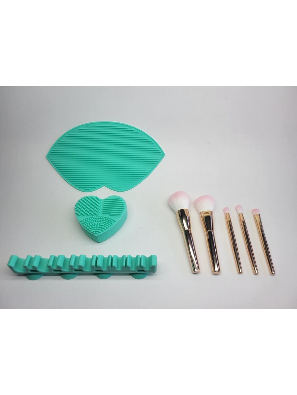 5 Pc Makeup Brush Set Rose Gold w/travel pouch + 3 Pc Brush Cleaner Mat & Holder